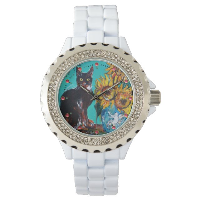 ZONNEN MET ZWARTE CAT, Geel, Turquoise Blue Horloge (Voorkant)