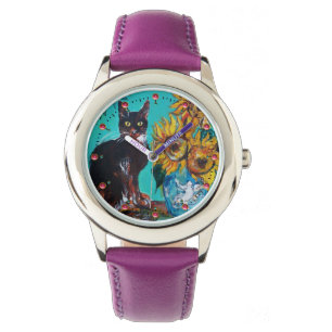 ZONNEN MET ZWARTE CAT, Geel, Turquoise Blue Horloge