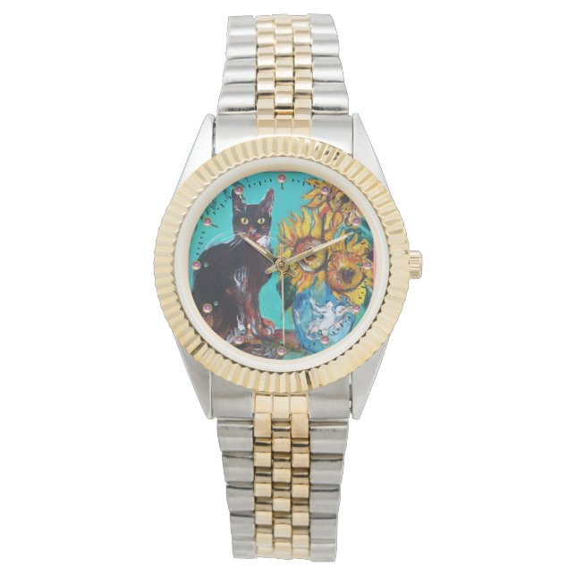 ZONNEN MET ZWARTE CAT, Geel, Turquoise Blue Horloge (Voorkant)