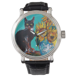 ZONNEN MET ZWARTE CAT-gele Turquoise Blue Horloge