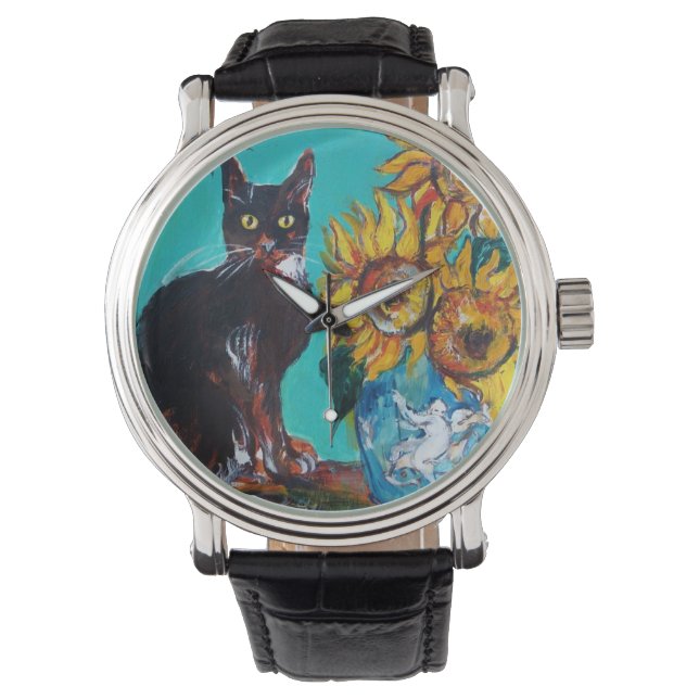 ZONNEN MET ZWARTE CAT-gele Turquoise Blue Horloge (Voorkant)