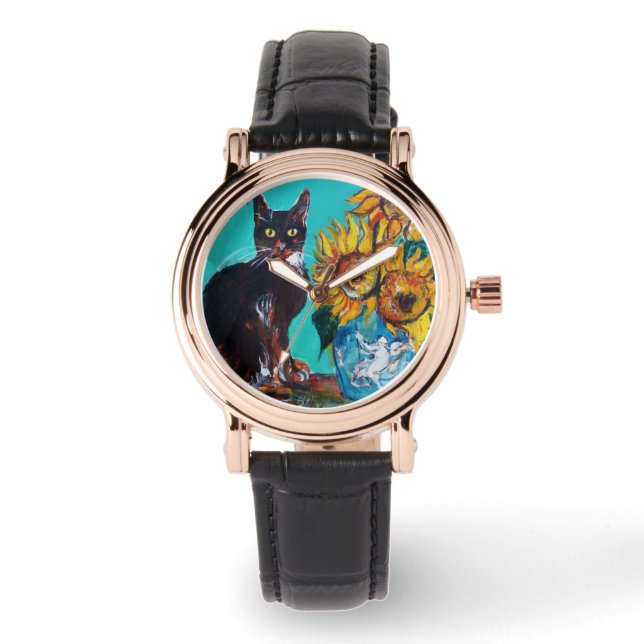 ZONNEN MET ZWARTE CAT-gele Turquoise Blue Horloge (Voorkant)