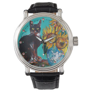 ZONNEN MET ZWARTE CAT-gele Turquoise Blue Horloge