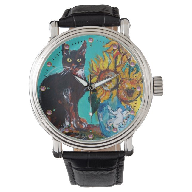 ZONNEN MET ZWARTE CAT-gele Turquoise Blue Horloge (Voorkant)