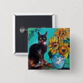 ZONNEN MET ZWARTE CAT, Gele Turquoise Blue Vierkante Button 5,1 Cm (Voorkant /achterkant)