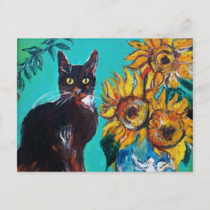 ZONNEN MET ZWARTE KAT IN BLAUWE TURQUOÏE BRIEFKAART