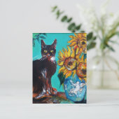 ZONNEN MET ZWARTE KAT IN BLAUWE TURQUOÏE BRIEFKAART (Staand voorkant)