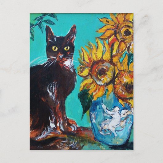 ZONNEN MET ZWARTE KAT IN BLAUWE TURQUOÏE BRIEFKAART (Voorkant)