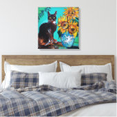 ZONNEN MET ZWARTE KAT IN BLAUWE TURQUOÏE CANVAS AFDRUK (Insitu (Slaapkamer))