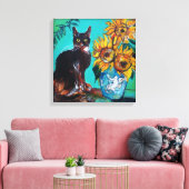 ZONNEN MET ZWARTE KAT IN BLAUWE TURQUOÏE CANVAS AFDRUK (Insitu (Woonkamer))