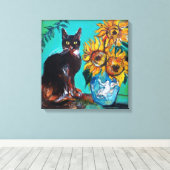 ZONNEN MET ZWARTE KAT IN BLAUWE TURQUOÏE CANVAS AFDRUK (Insitu (Houten vloer))