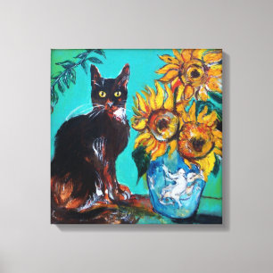 ZONNEN MET ZWARTE KAT IN BLAUWE TURQUOÏE CANVAS AFDRUK