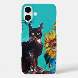 ZONNEN MET ZWARTE KAT IN BLAUWE TURQUOÏE iPhone 16 PLUS HOESJE