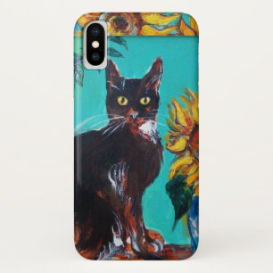 ZONNEN MET ZWARTE KAT IN BLAUWE TURQUOÏE iPhone X HOESJE
