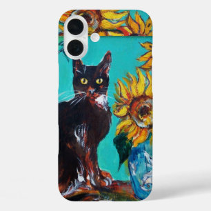 ZONNEN MET ZWARTE KAT IN BLAUWE TURQUOÏE iPhone 16 PLUS HOESJE