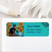 ZONNEN MET ZWARTE KAT IN BLAUWE TURQUOÏE ETIKET (Insitu)