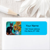 ZONNEN MET ZWARTE KAT IN BLAUWE TURQUOÏE ETIKET (Insitu)