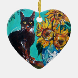 ZONNEN MET ZWARTE KAT IN BLAUWE TURQUOÏE HEART KERAMISCH ORNAMENT