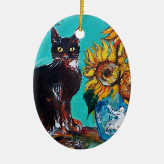ZONNEN MET ZWARTE KAT IN BLAUWE TURQUOÏE KERAMISCH ORNAMENT (Voorkant)