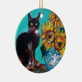 ZONNEN MET ZWARTE KAT IN BLAUWE TURQUOÏE KERAMISCH ORNAMENT (Rechts)