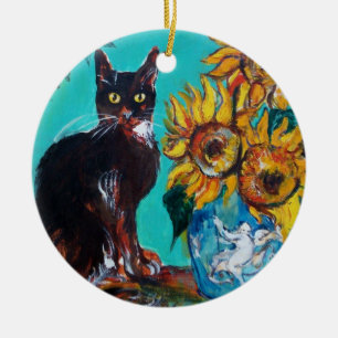 ZONNEN MET ZWARTE KAT IN BLAUWE TURQUOÏE KERAMISCH ORNAMENT