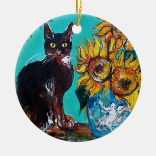 ZONNEN MET ZWARTE KAT IN BLAUWE TURQUOÏE KERAMISCH ORNAMENT (Voorkant)