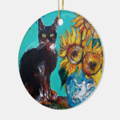 ZONNEN MET ZWARTE KAT IN BLAUWE TURQUOÏE KERAMISCH ORNAMENT (Links)
