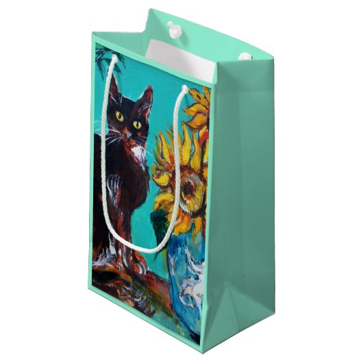 ZONNEN MET ZWARTE KAT IN BLAUWE TURQUOÏE KLEIN CADEAUZAKJE (Voorkant Gekanteld)
