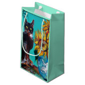 ZONNEN MET ZWARTE KAT IN BLAUWE TURQUOÏE KLEIN CADEAUZAKJE (Achterkant Gekanteld)