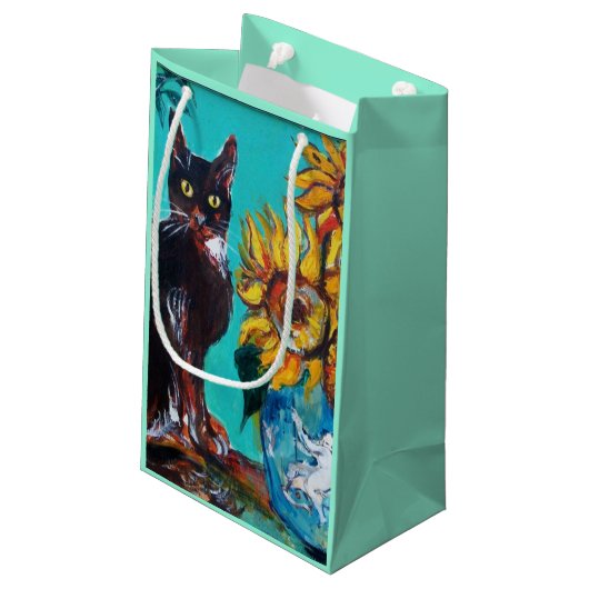 ZONNEN MET ZWARTE KAT IN BLAUWE TURQUOÏE KLEIN CADEAUZAKJE (Achterkant Gekanteld)