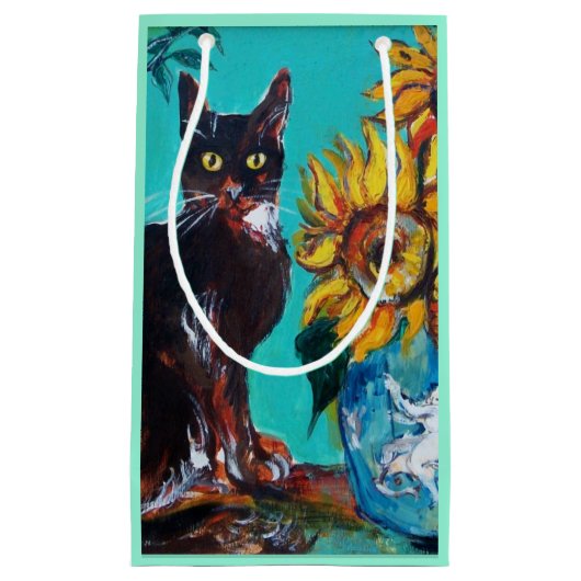 ZONNEN MET ZWARTE KAT IN BLAUWE TURQUOÏE KLEIN CADEAUZAKJE (Voorkant)