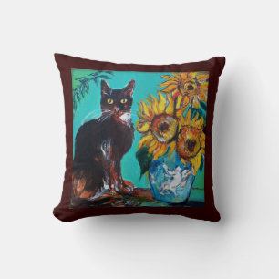 ZONNEN MET ZWARTE KAT IN BLAUWE TURQUOÏE KUSSEN