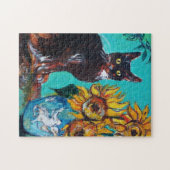 ZONNEN MET ZWARTE KAT IN BLAUWE TURQUOÏE LEGPUZZEL (Horizontaal)