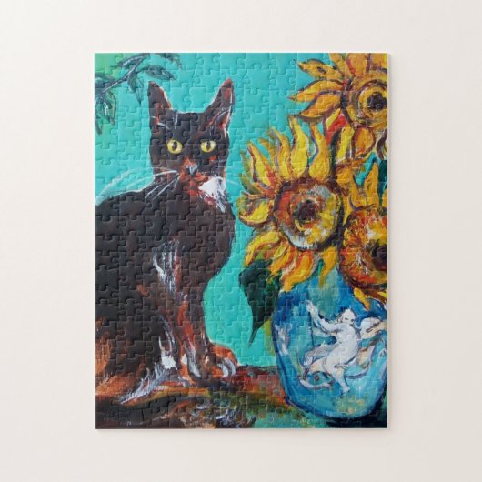 ZONNEN MET ZWARTE KAT IN BLAUWE TURQUOÏE LEGPUZZEL (Verticaal)
