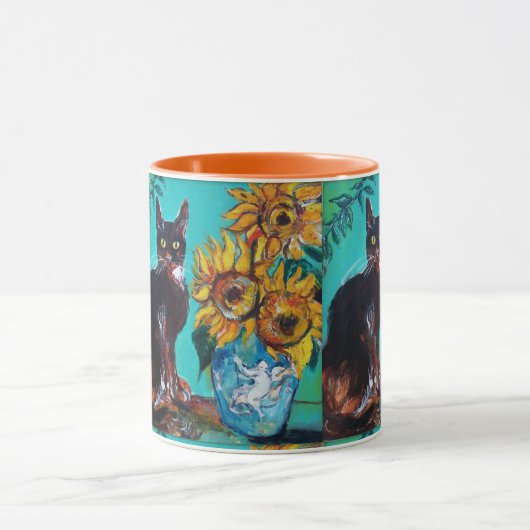 ZONNEN MET ZWARTE KAT IN BLAUWE TURQUOÏE MOK (Midden)