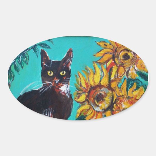 ZONNEN MET ZWARTE KAT IN BLAUWE TURQUOÏE OVALE STICKER (Voorkant)