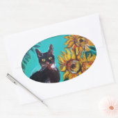 ZONNEN MET ZWARTE KAT IN BLAUWE TURQUOÏE OVALE STICKER (Envelop)