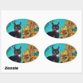 ZONNEN MET ZWARTE KAT IN BLAUWE TURQUOÏE OVALE STICKER (Vel)