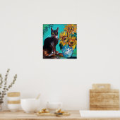 ZONNEN MET ZWARTE KAT IN BLAUWE TURQUOÏE POSTER (Keuken)