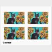 ZONNEN MET ZWARTE KAT IN BLAUWE TURQUOÏE RECHTHOEKIGE STICKER (Vel)