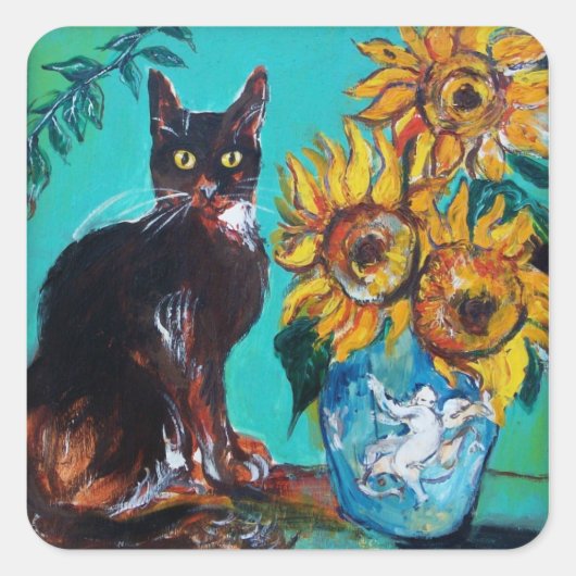 ZONNEN MET ZWARTE KAT IN BLAUWE TURQUOÏE VIERKANTE STICKER (Voorkant)