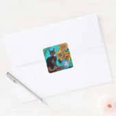 ZONNEN MET ZWARTE KAT IN BLAUWE TURQUOÏE VIERKANTE STICKER (Envelop)