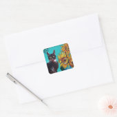 ZONNEN MET ZWARTE KAT IN BLAUWE TURQUOÏE VIERKANTE STICKER (Envelop)