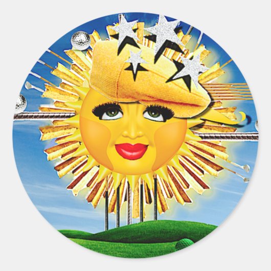 ZONNEN! SUNSHINE! ZONNIGE GOLFDAG! RONDE STICKER (Voorkant)