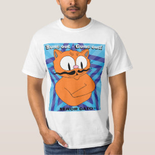Zonnen uit - Pistolen uit! Cartoon snor kat T-shirt
