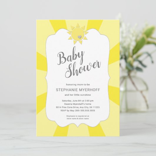 Zonneneutraal baby shower, geel grijs kaart (Staand voorkant)
