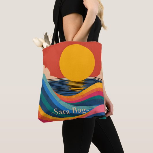 Zonneondergang Golven Abstract Bauhaus Aangepaste Tote Bag (Dichtbij)