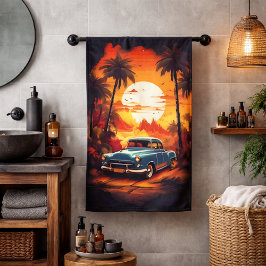 Zonneondergang met Oldtimer Auto - Cadeau voor Aut Bad Handdoek
