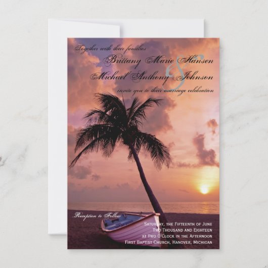 Zonnepalm Beach & Boat Wedding Invitations Kaart (Voorkant)