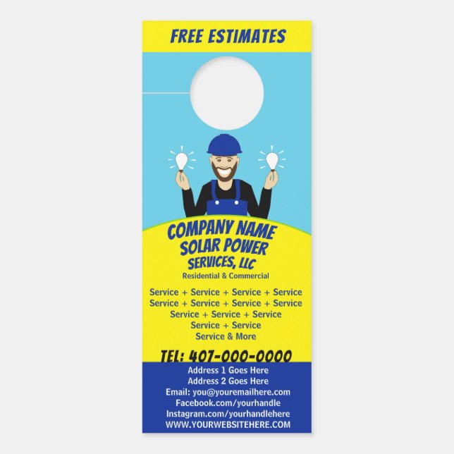 Zonnepaneel gloeilamp diensten bedrijf deur hang deurhanger (Voorkant)